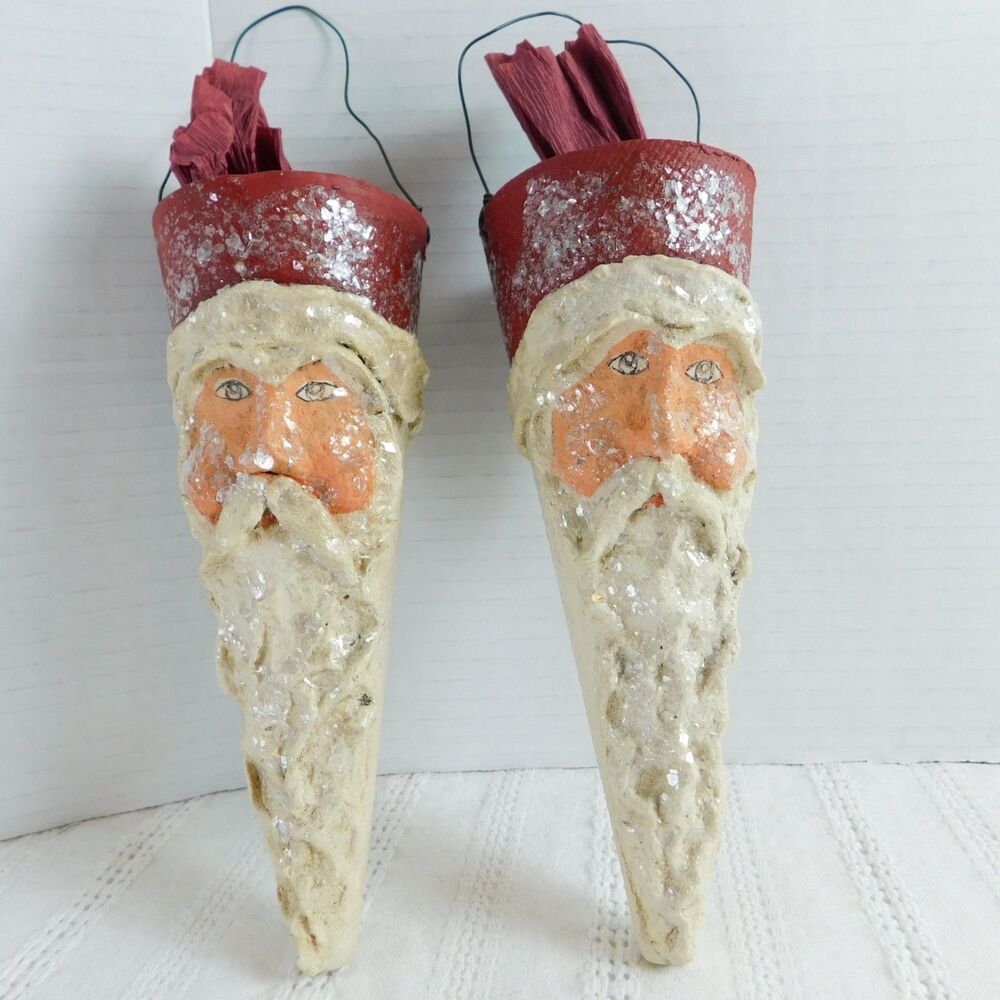 Christmas Ornaments Santa Plaster Handmade Sugared Lot of 2, Red Cones Vintage